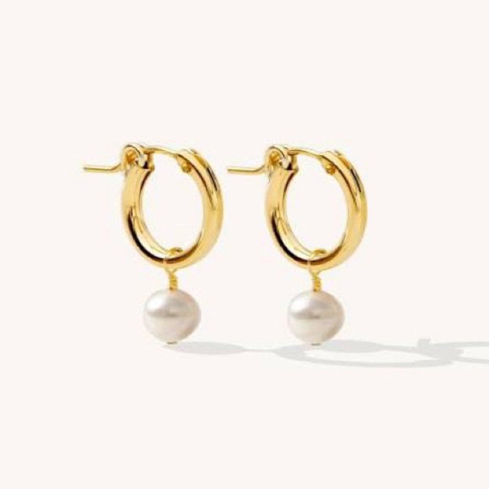 Gold Pearl Drop Hoop Earrings - Women Jewelry